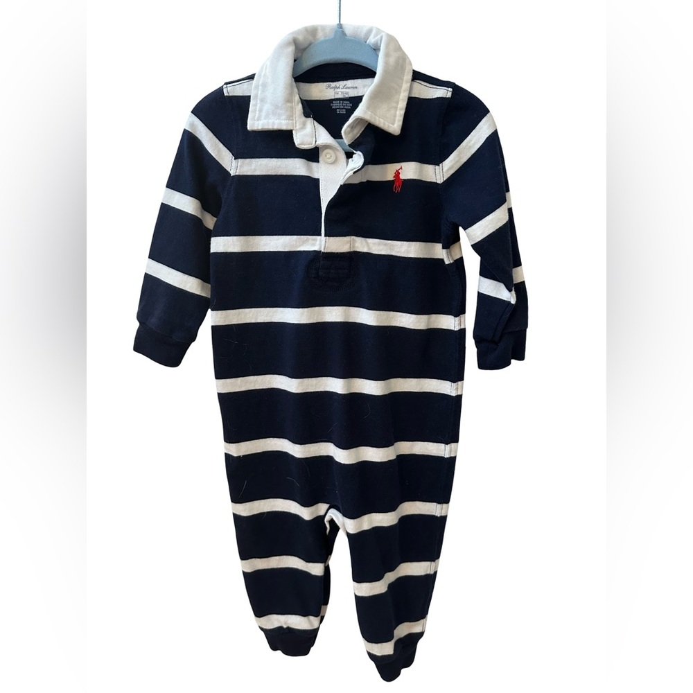 Ralph Lauren Navy and White Striped long sleeved onesie romper
